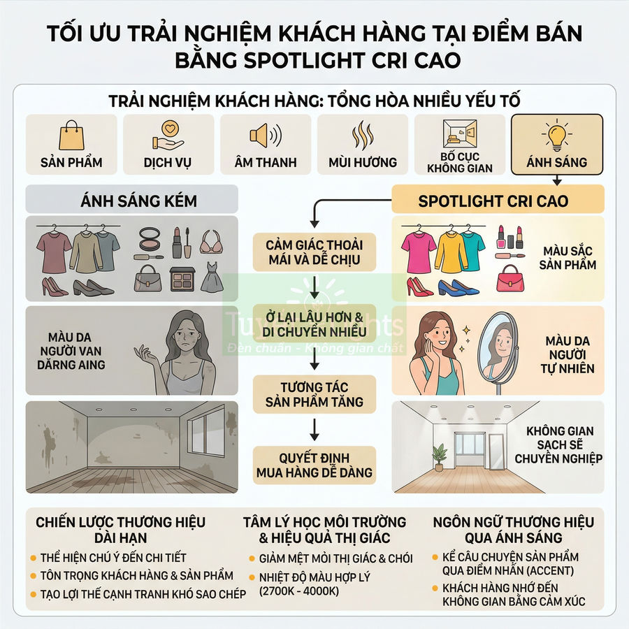 Infographic tối ưu trải nghiệm khách hàng tại cửa hàng bằng đèn spotlight CRI cao cho màu sắc sản phẩm trung thực