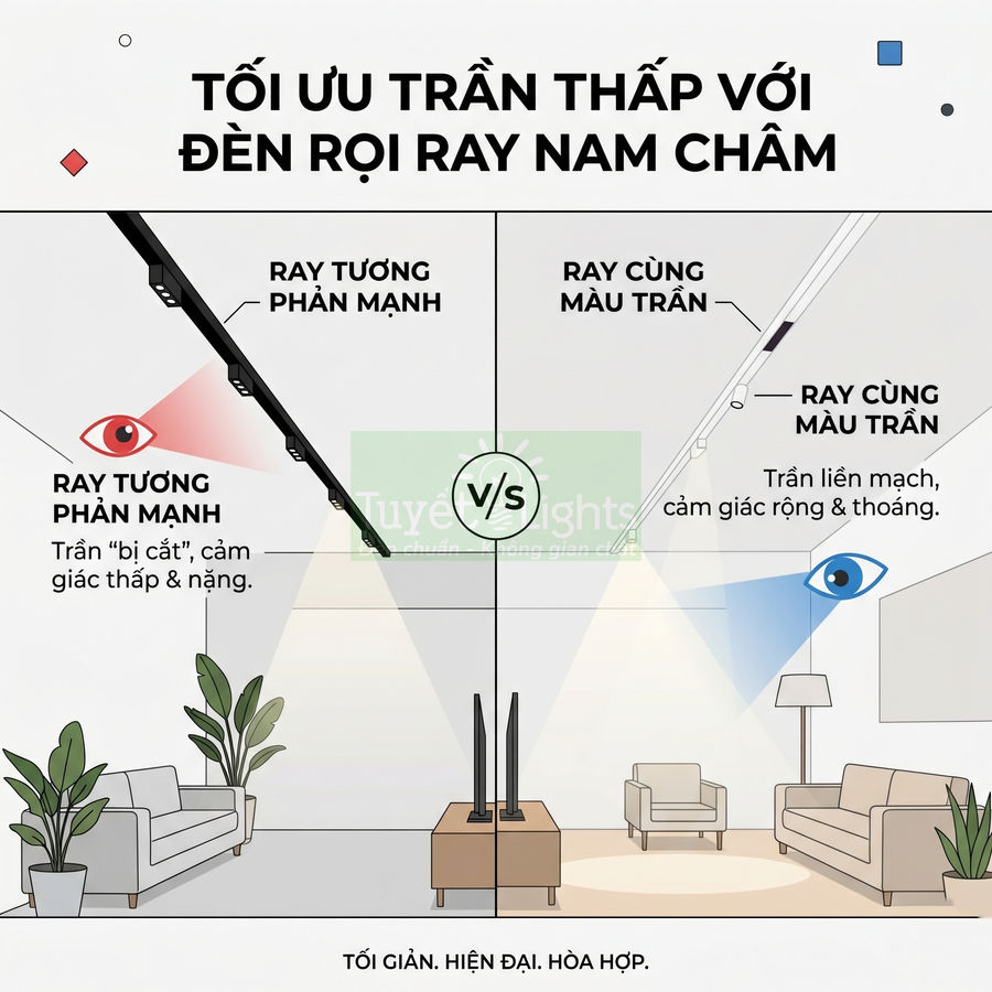 So sánh trần thấp dùng đèn rọi ray nam châm màu đen và ray cùng màu trần trong phòng khách hiện đại