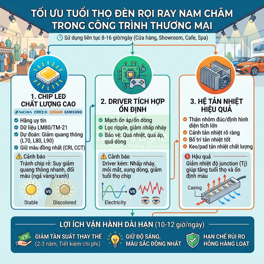 Infographic tối ưu tuổi thọ đèn rọi ray nam châm cho công trình thương mại với chip LED, driver và tản nhiệt chất lượng cao