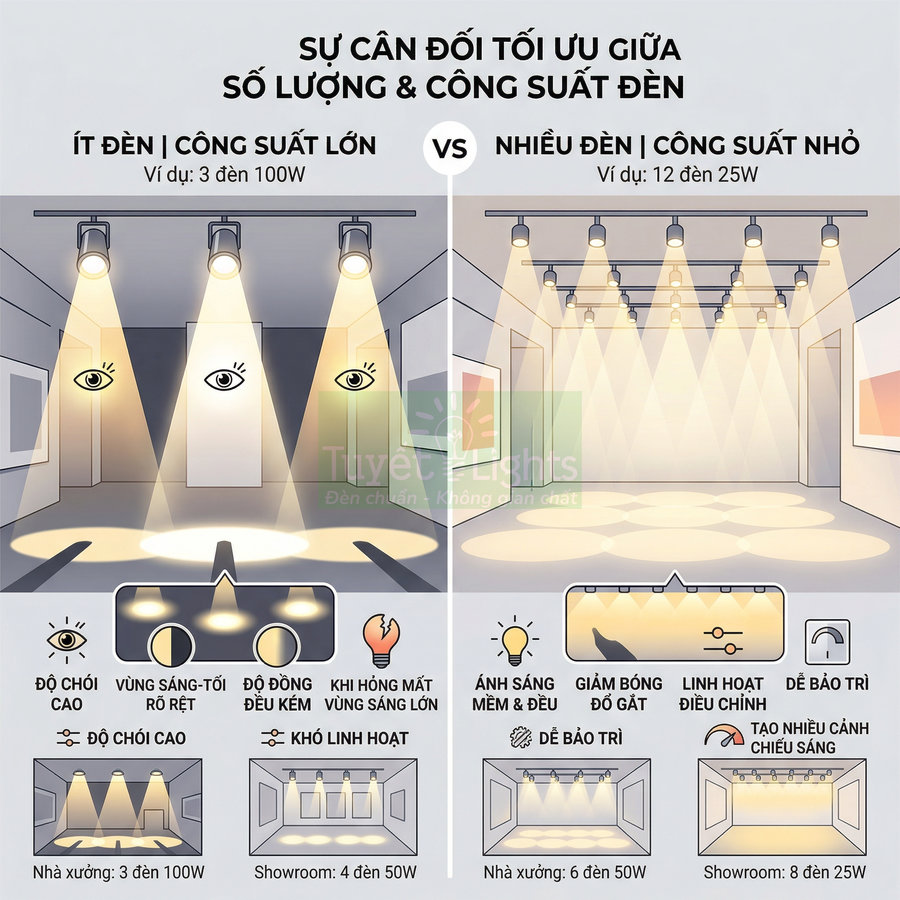 So sánh bố trí ít đèn công suất lớn và nhiều đèn công suất nhỏ trong nhà xưởng và showroom