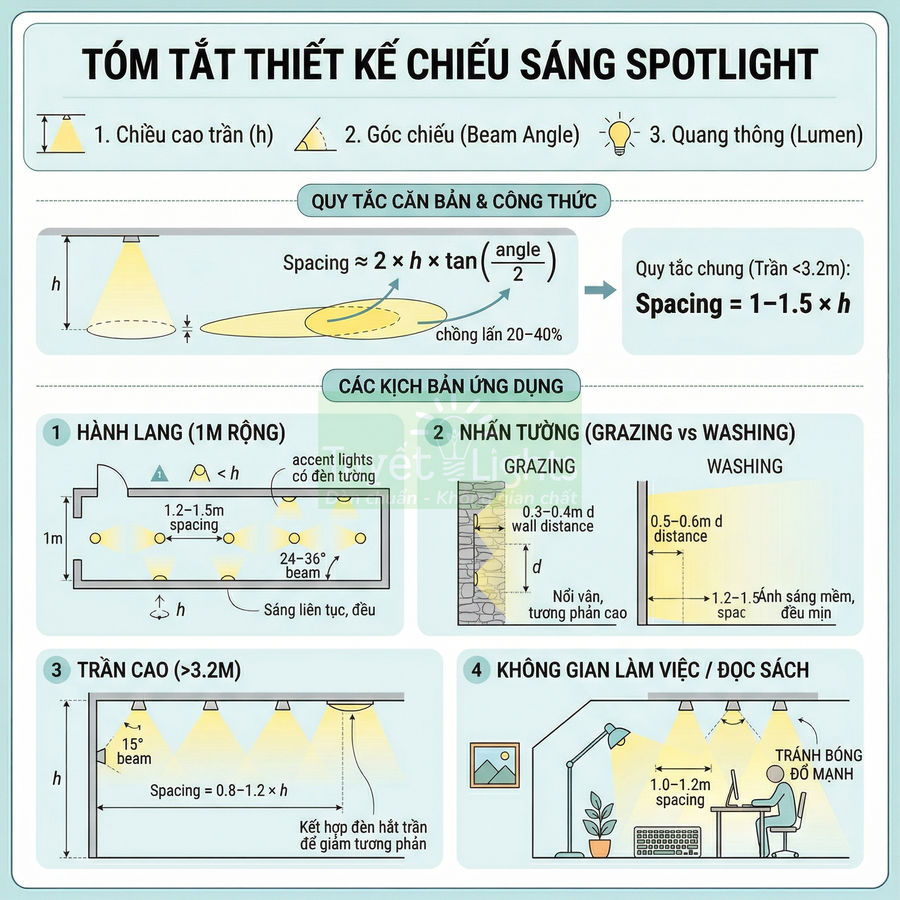 Hướng dẫn thiết kế chiếu sáng spotlight với công thức khoảng cách đèn và các kịch bản ứng dụng trong nhà
