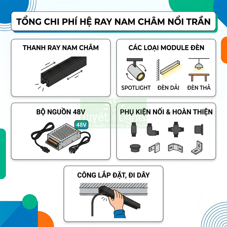 Các thành phần hệ ray nam châm nổi trần gồm thanh ray, module đèn, bộ nguồn 48V và phụ kiện lắp đặt