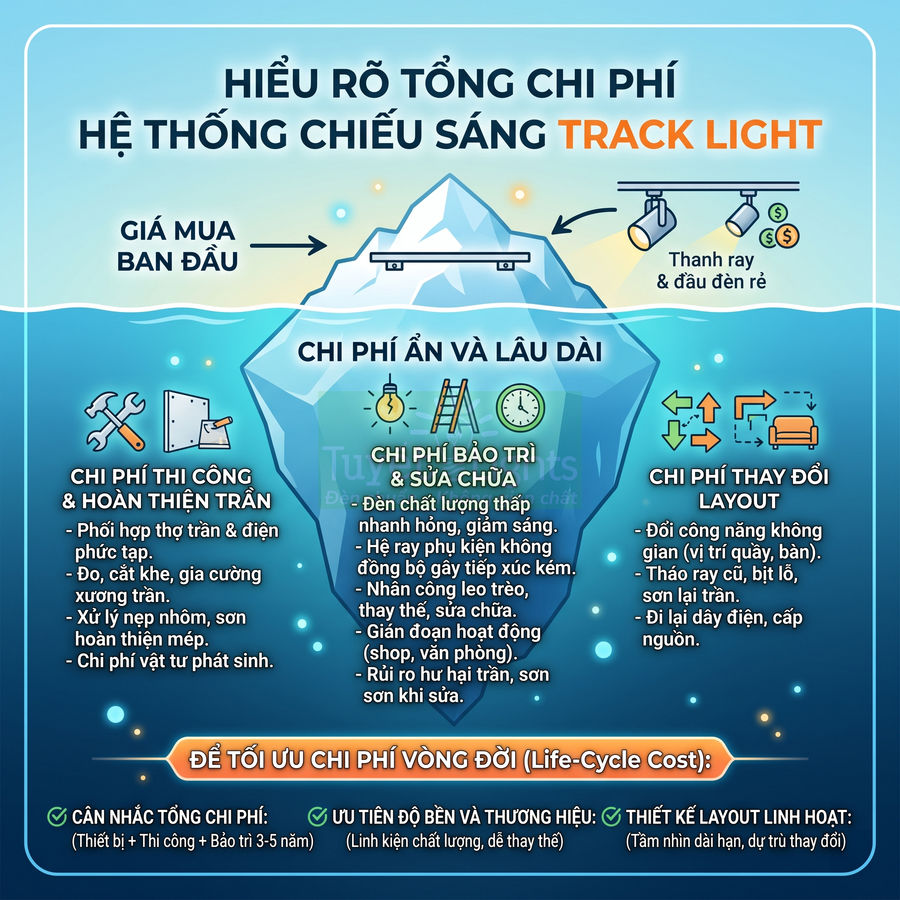 Infographic chi phí tổng thể hệ thống chiếu sáng track light với các hạng mục thi công bảo trì và thay đổi layout