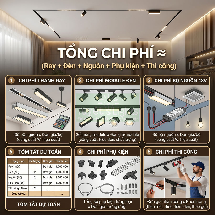 Bảng hướng dẫn tính tổng chi phí lắp đặt hệ thống đèn ray nam châm 48V cho trần phòng khách