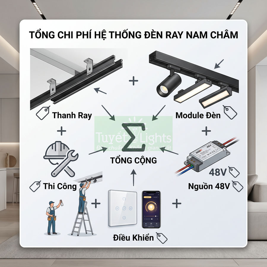 Tổng chi phí hệ thống đèn ray nam châm Tuyết Lights gồm thanh ray, module đèn, nguồn 48V và điều khiển