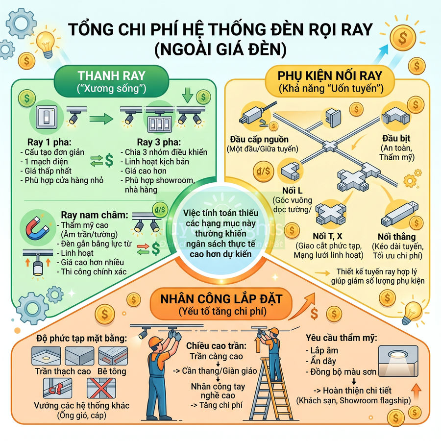 Infographic tổng chi phí hệ thống đèn rọi ray gồm thanh ray, phụ kiện nối ray và nhân công lắp đặt