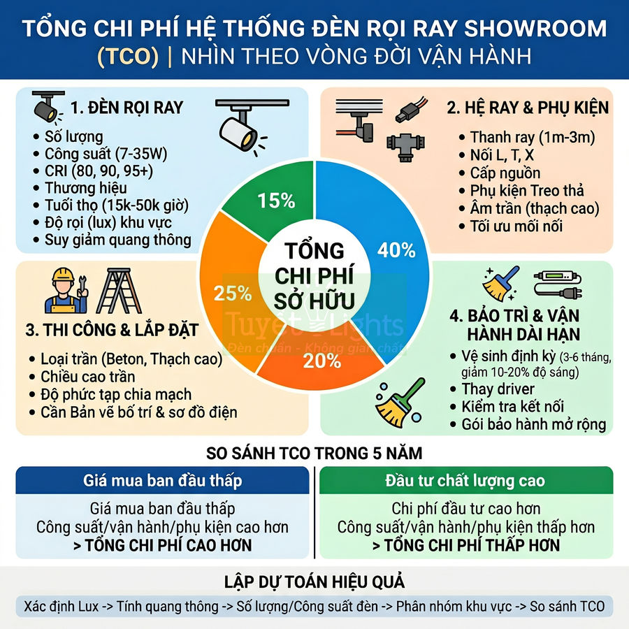 Infographic tổng chi phí sở hữu hệ thống đèn rọi ray showroom và các hạng mục chi phí chính