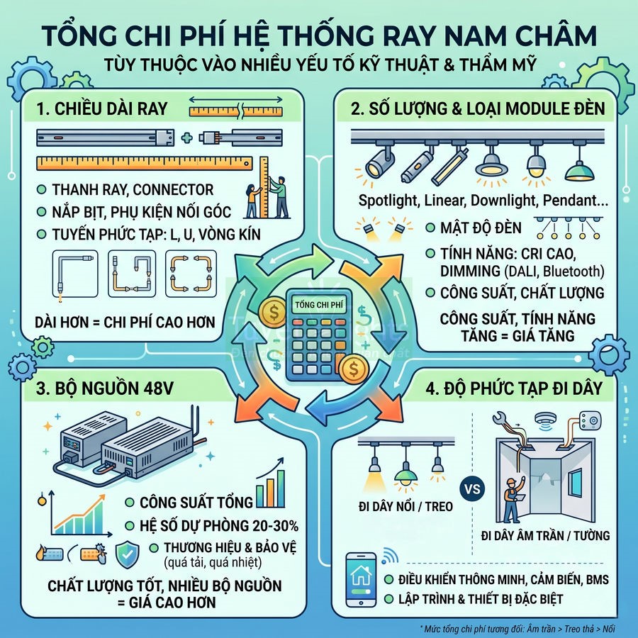 Infographic các yếu tố ảnh hưởng tổng chi phí hệ thống ray nam châm chiếu sáng nội thất