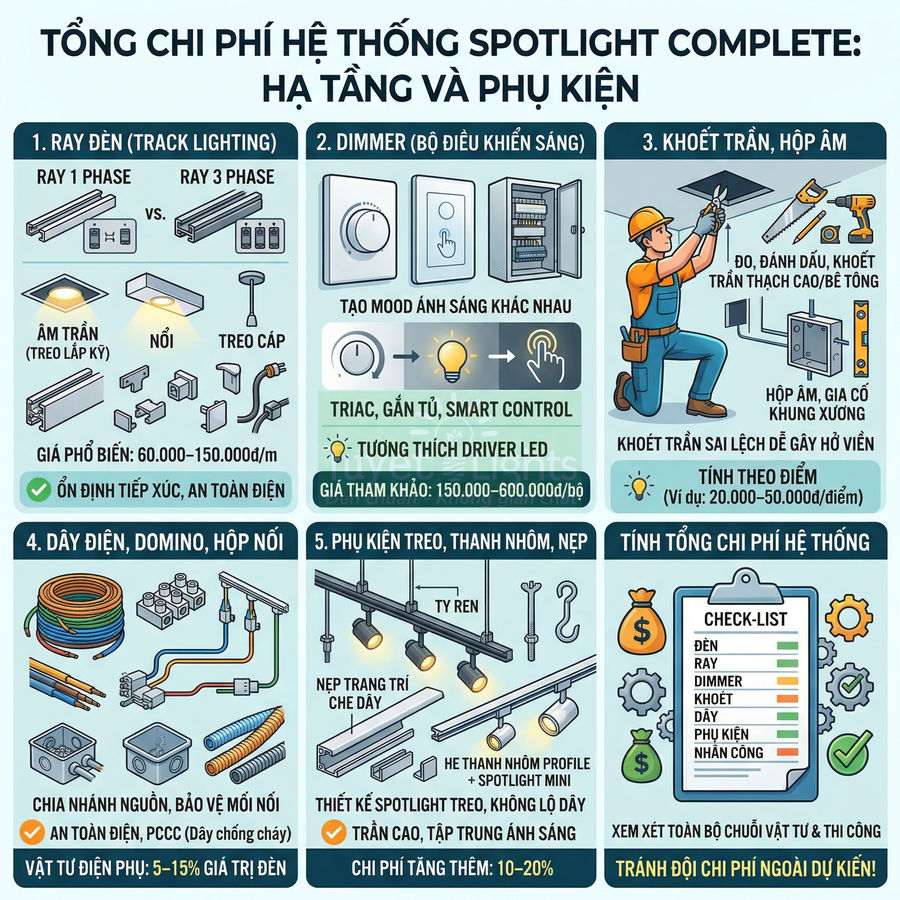 Infographic chi phí hệ thống đèn spotlight complete gồm ray đèn, dimmer, khoét trần, dây điện và phụ kiện lắp đặt