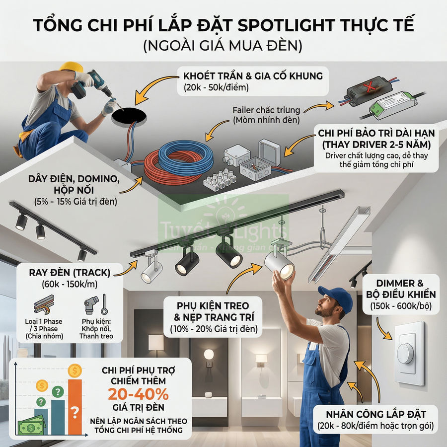 Infographic chi phí lắp đặt đèn spotlight ray trượt trong nhà với thợ điện và các phụ kiện đi kèm