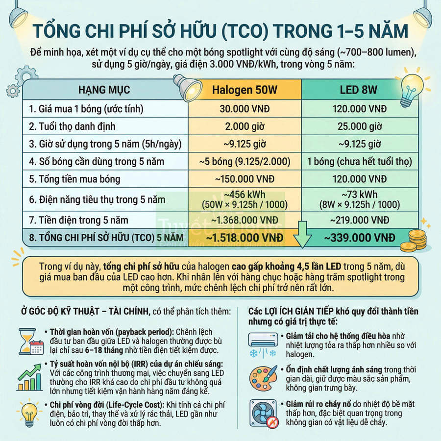 Bảng so sánh tổng chi phí sở hữu bóng đèn halogen 50W và đèn LED 8W trong 5 năm
