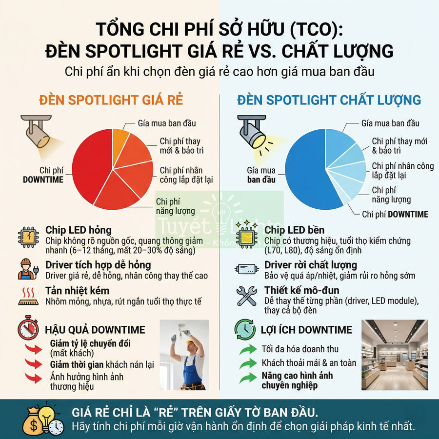 Infographic so sánh tổng chi phí sở hữu đèn spotlight giá rẻ và đèn spotlight chất lượng cao