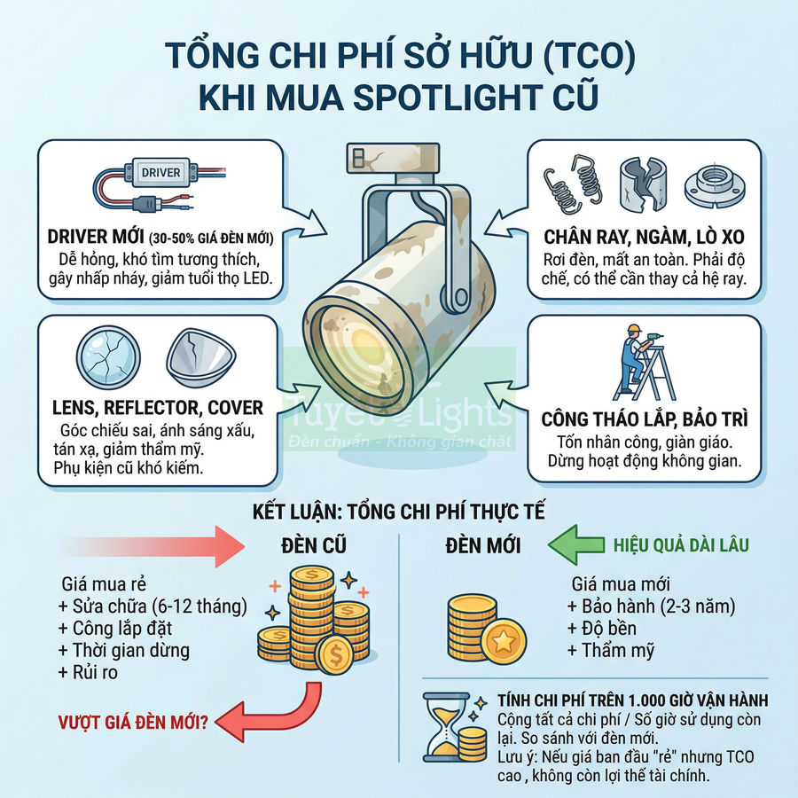 Infographic so sánh tổng chi phí sở hữu khi mua đèn spotlight cũ và đèn spotlight mới, nhấn mạnh hiệu quả dài lâu