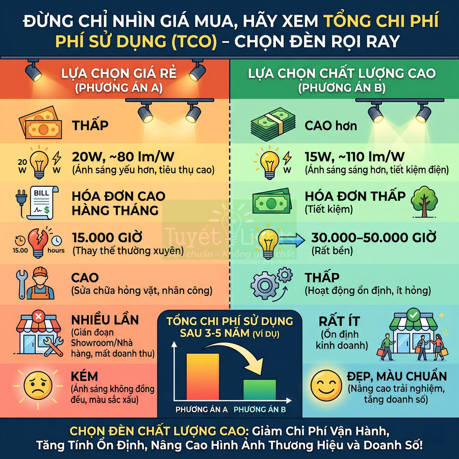 Infographic so sánh chi phí sử dụng đèn rọi ray giá rẻ và đèn rọi ray chất lượng cao, nhấn mạnh tiết kiệm điện và độ bền