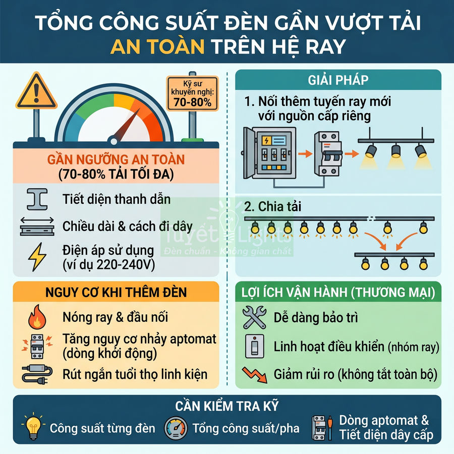 Infographic hướng dẫn tính tổng công suất đèn ray và giải pháp lắp thêm đèn an toàn, tránh vượt tải hệ ray