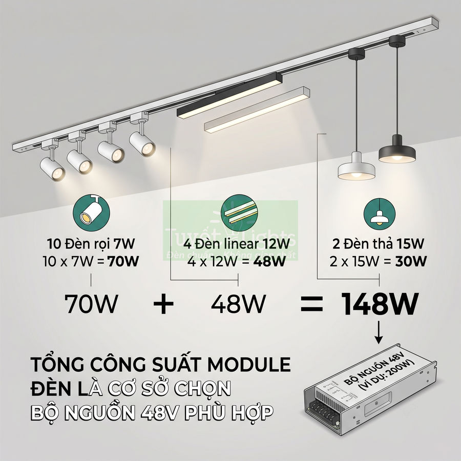 Cách tính tổng công suất đèn rọi, đèn linear, đèn thả để chọn bộ nguồn 48V phù hợp