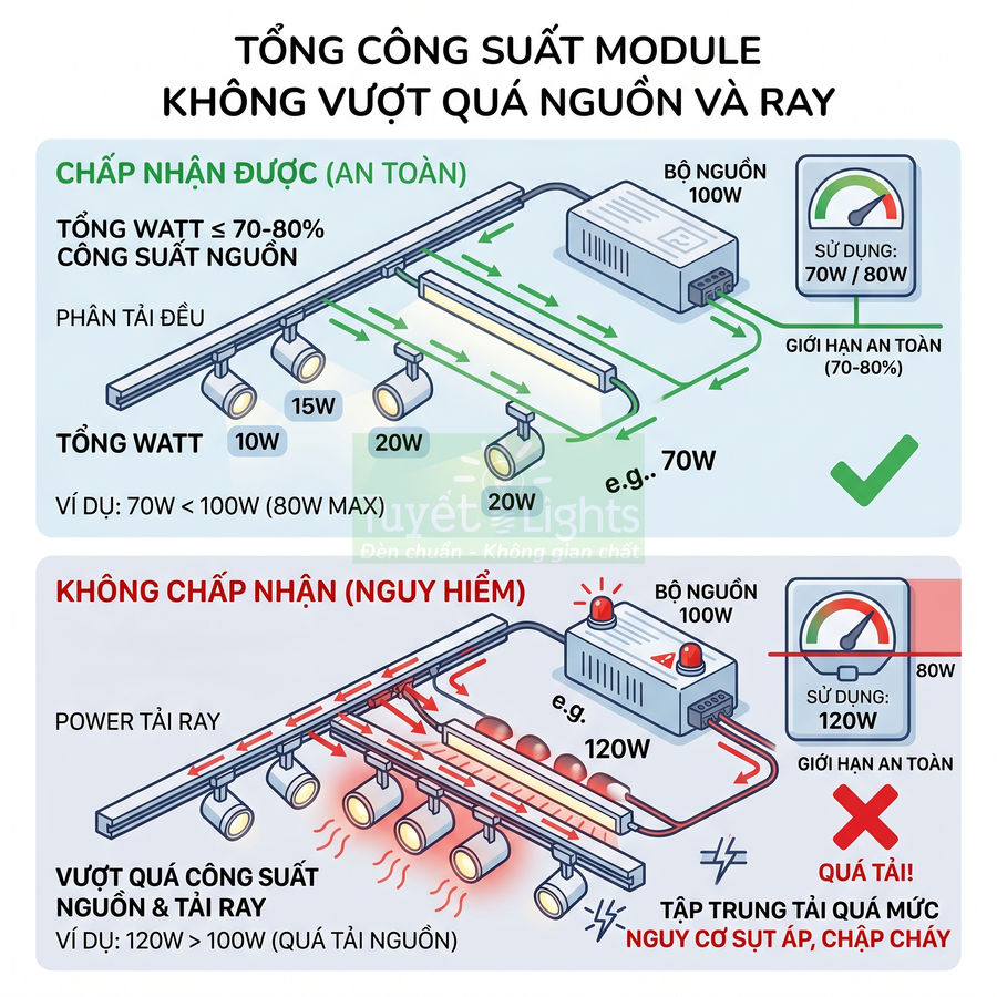 Hướng dẫn tính tổng công suất đèn ray Nuyet Lights để không vượt quá công suất bộ nguồn 100W