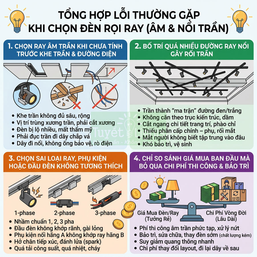 Infographic tổng hợp lỗi thường gặp khi chọn đèn rọi ray âm trần và nổi trần cho trần nhà