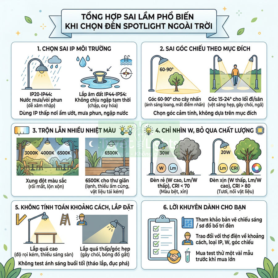 Infographic tổng hợp sai lầm phổ biến khi chọn và lắp đặt đèn spotlight chiếu sáng ngoài trời