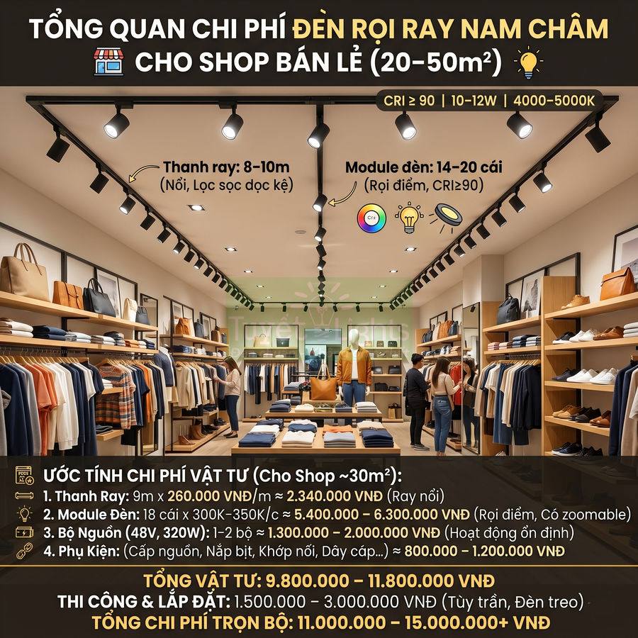 Đèn rọi ray nam châm chiếu sáng shop quần áo bán lẻ hiện đại với hệ thống thanh ray trần nhà