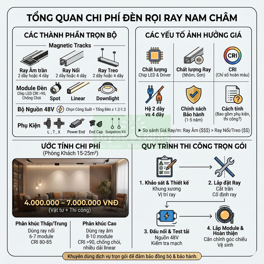 Tổng quan chi phí và thành phần trọn bộ đèn rọi ray nam châm cho phòng khách 15 đến 25m2
