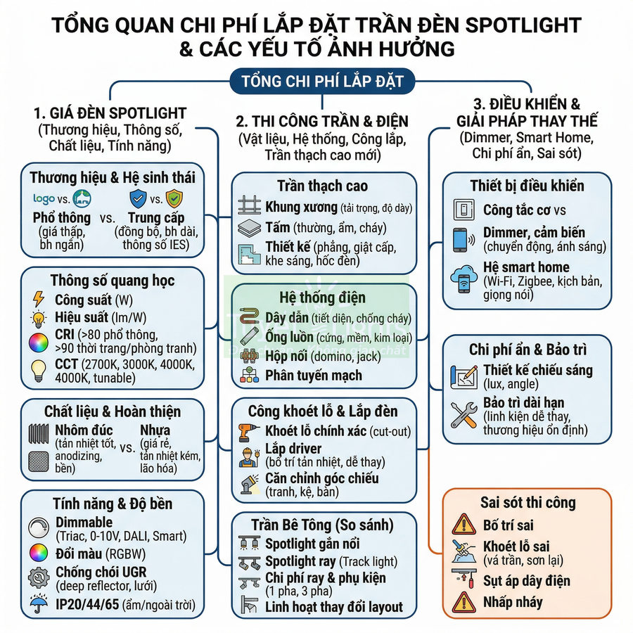 Tổng quan chi phí lắp đặt trần đèn spotlight và các yếu tố ảnh hưởng chi tiết bằng tiếng Việt