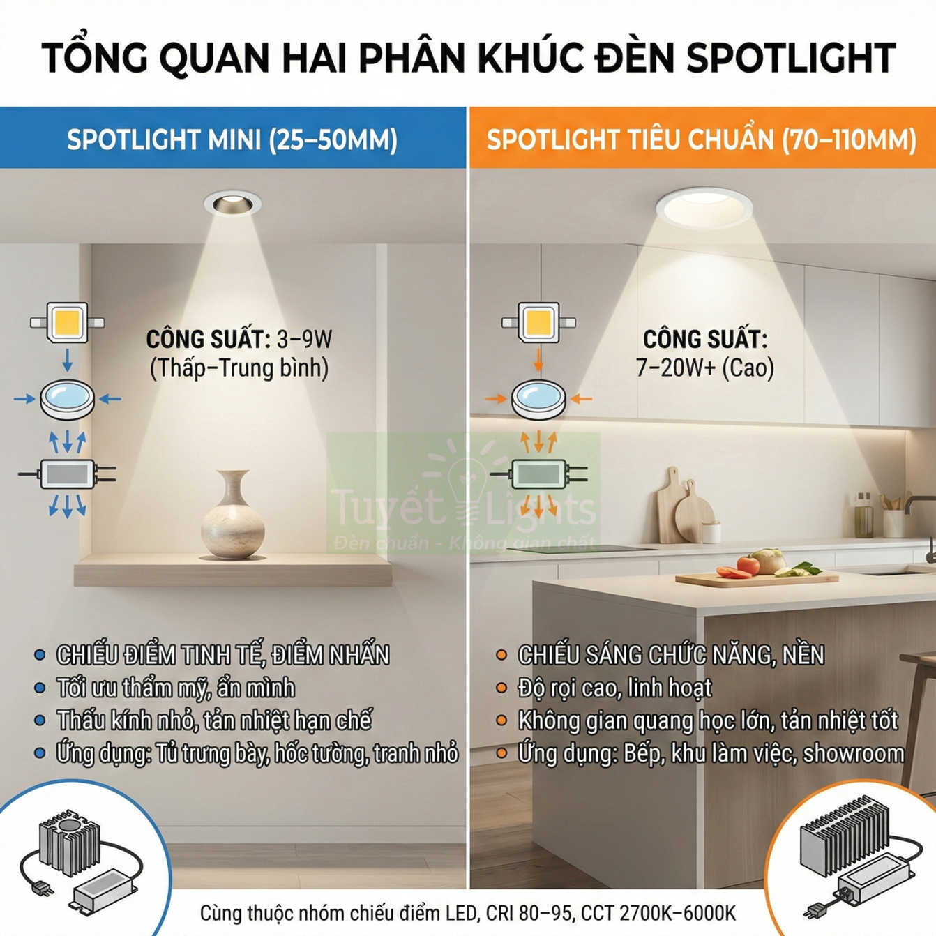 So sánh đèn spotlight mini và spotlight tiêu chuẩn Tuyết Lights cho chiếu điểm trang trí và chiếu sáng chức năng