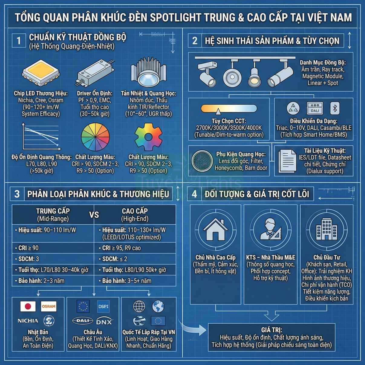 Infographic tổng quan phân khúc đèn spotlight trung và cao cấp tại Việt Nam, nêu chuẩn kỹ thuật, thương hiệu và đối tượng khách hàng