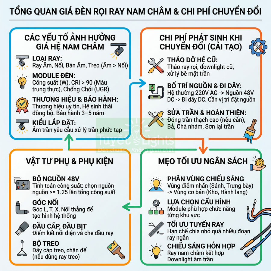 Tổng quan giá đèn rọi ray nam châm và chi phí chuyển đổi, các yếu tố ảnh hưởng và mẹo tối ưu ngân sách