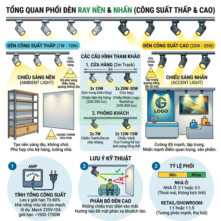 Sơ đồ bố trí đèn ray nền và đèn nhấn công suất thấp và cao cho cửa hàng, phòng khách, showroom