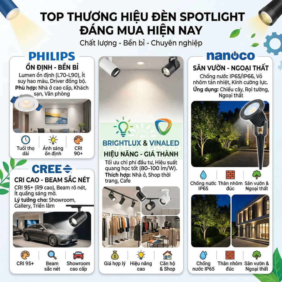 Infographic giới thiệu các thương hiệu đèn spotlight Philips, Cree, Nanoco, Brightlux và Vinaled cho nội thất và sân vườn