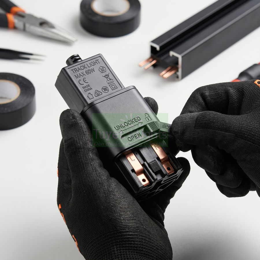 Đầu nối đèn ray điện MAX 60W màu đen đang được kỹ thuật viên lắp đặt bằng găng tay bảo hộ