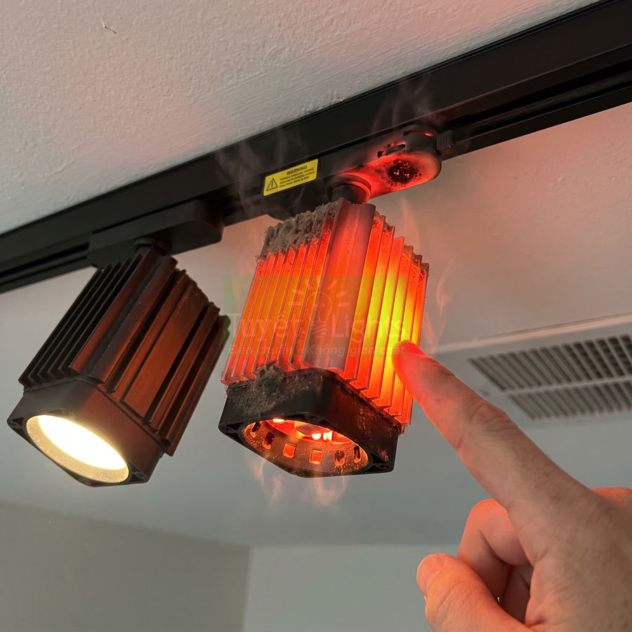 Đèn rọi ray LED tỏa nhiệt mạnh, bụi bám trên tản nhiệt và tay người chạm kiểm tra nhiệt độ