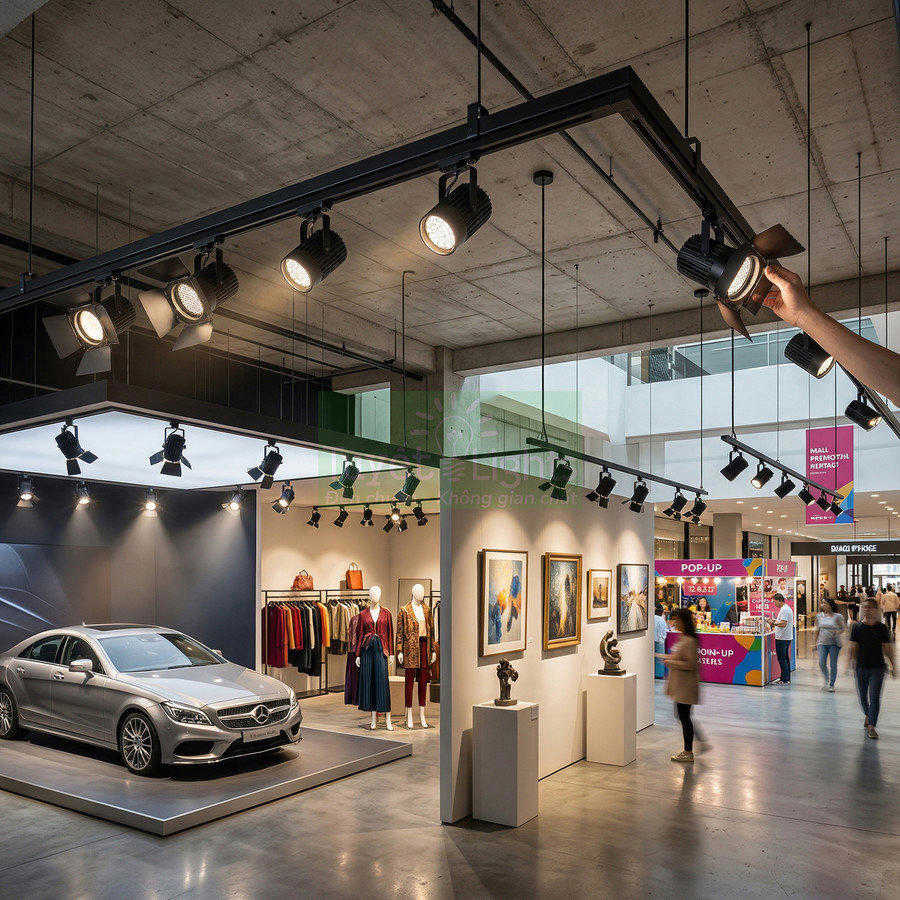 Đèn rọi ray chiếu sáng khu trưng bày ô tô Mercedes và thời trang trong trung tâm thương mại