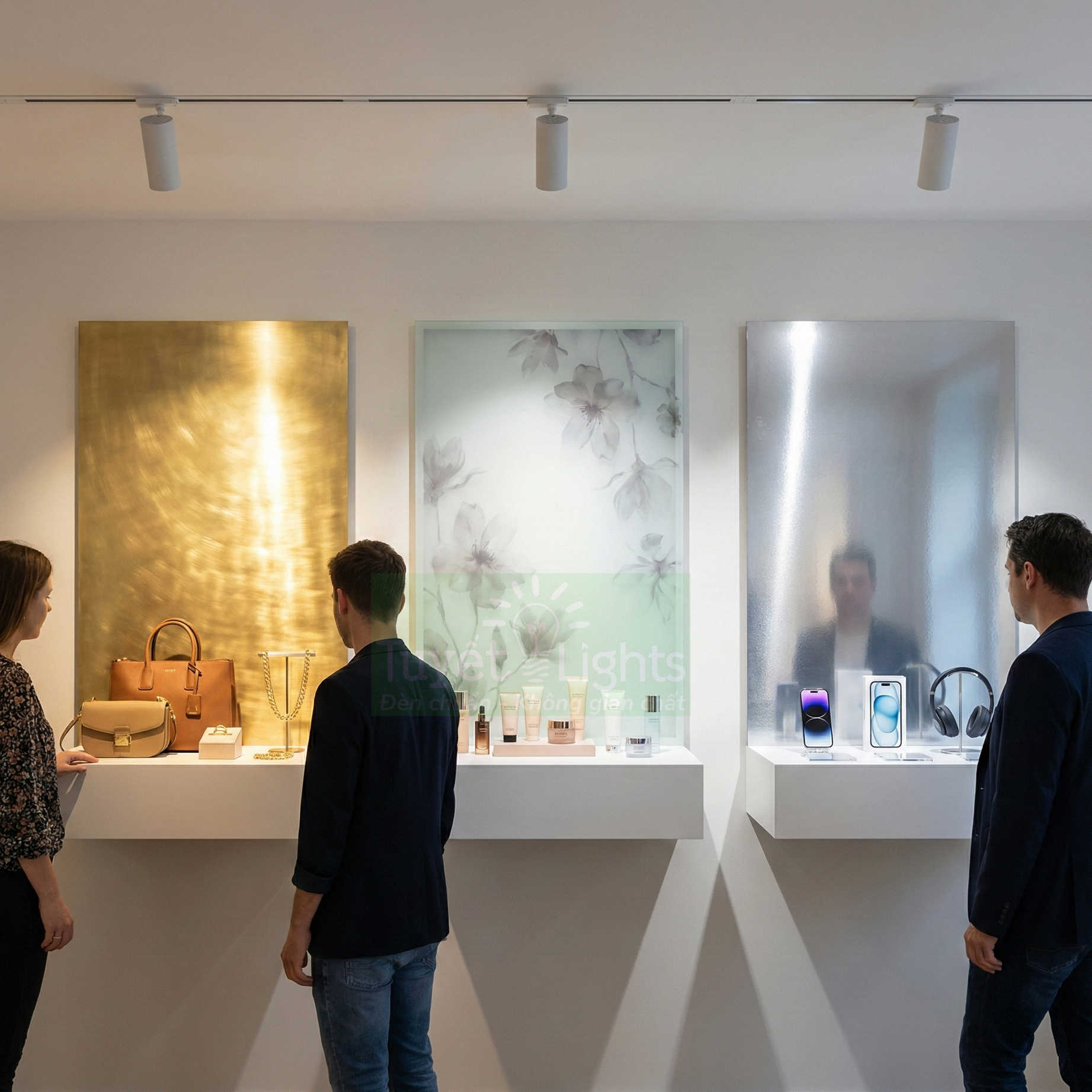 Kệ trưng bày túi xách, mỹ phẩm, điện thoại thông minh và tai nghe trong cửa hàng thời trang hiện đại