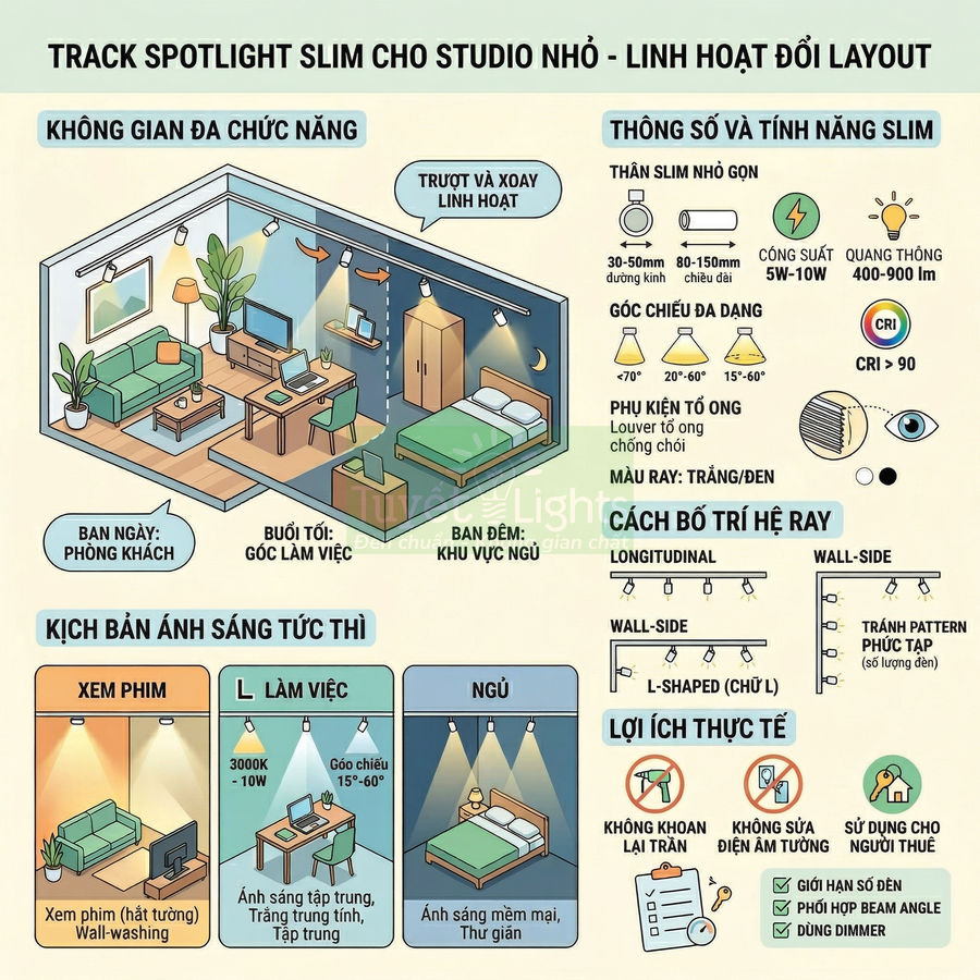 Đèn track spotlight slim chiếu sáng linh hoạt cho studio nhỏ đa chức năng phòng khách làm việc và ngủ