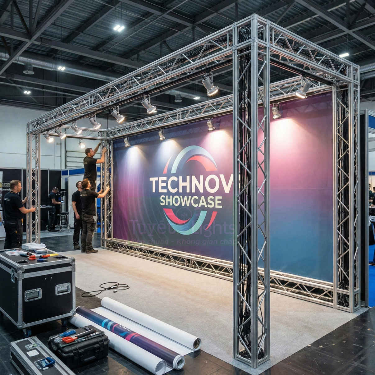 Gian hàng triển lãm Technov Showcase với khung nhôm, đèn chiếu sáng và đội ngũ kỹ thuật đang lắp đặt