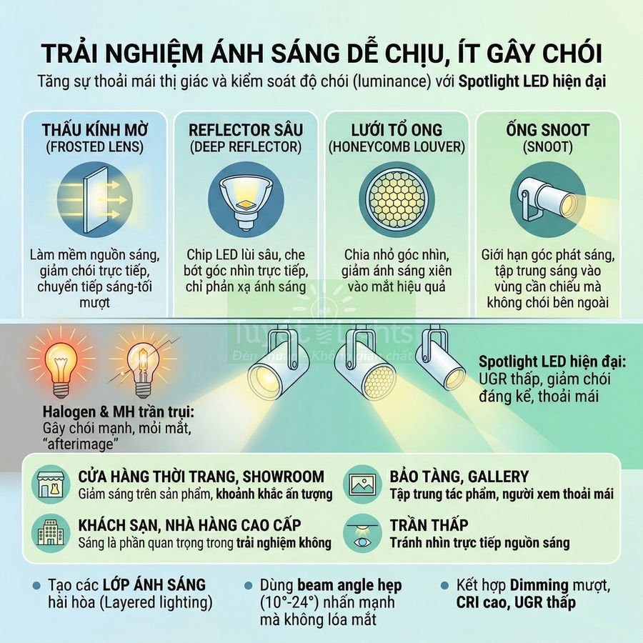 Infographic giới thiệu đèn spotlight LED hiện đại với thấu kính mờ, reflector sâu, lưới tổ ong và ống snoot chống chói