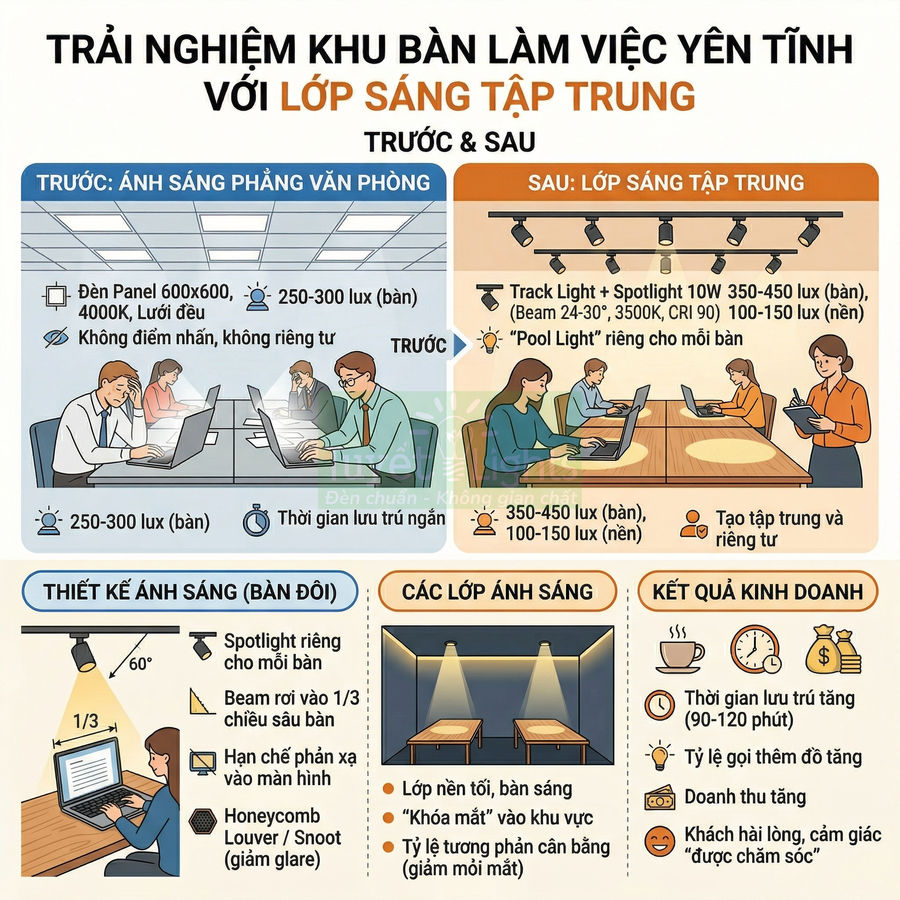 Infographic so sánh giải pháp chiếu sáng tập trung cho bàn làm việc văn phòng trước và sau khi cải thiện