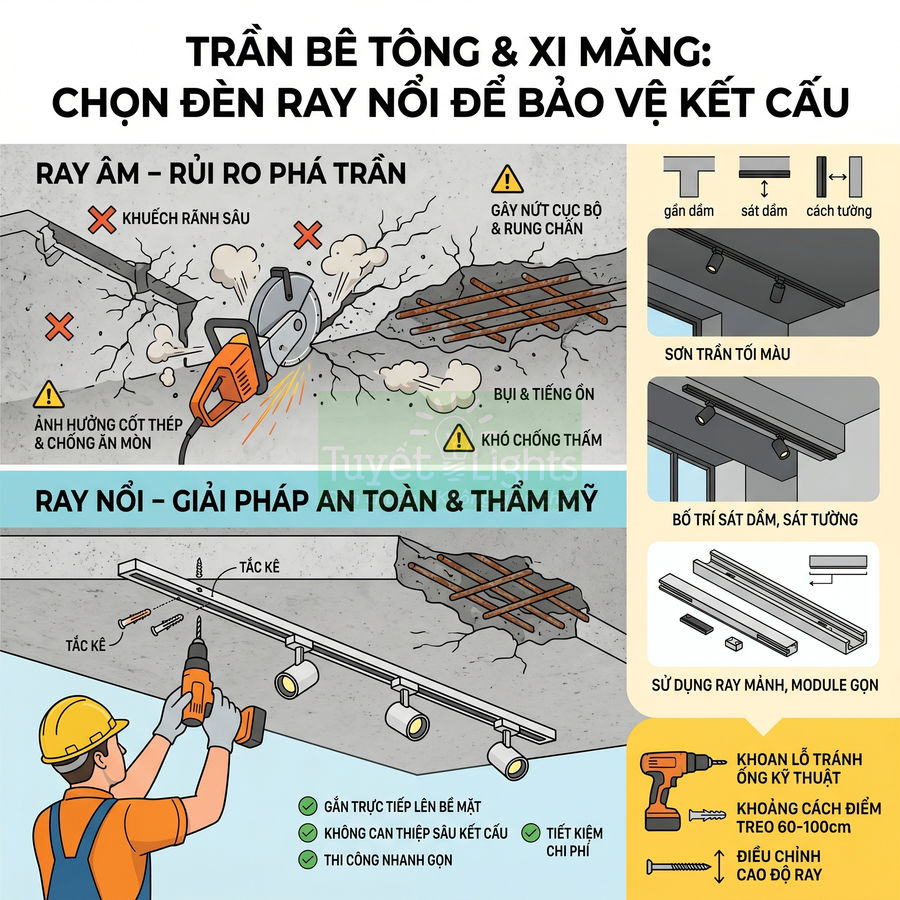 Minh họa so sánh rủi ro đèn ray âm trần bê tông với giải pháp đèn ray nổi an toàn thẩm mỹ