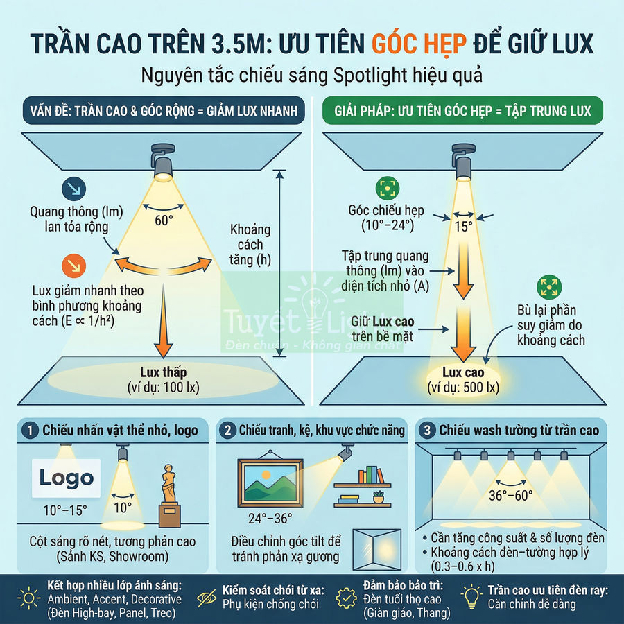 Infographic hướng dẫn chọn góc chiếu đèn spotlight cho trần cao trên 3.5m để giữ độ sáng lux hiệu quả