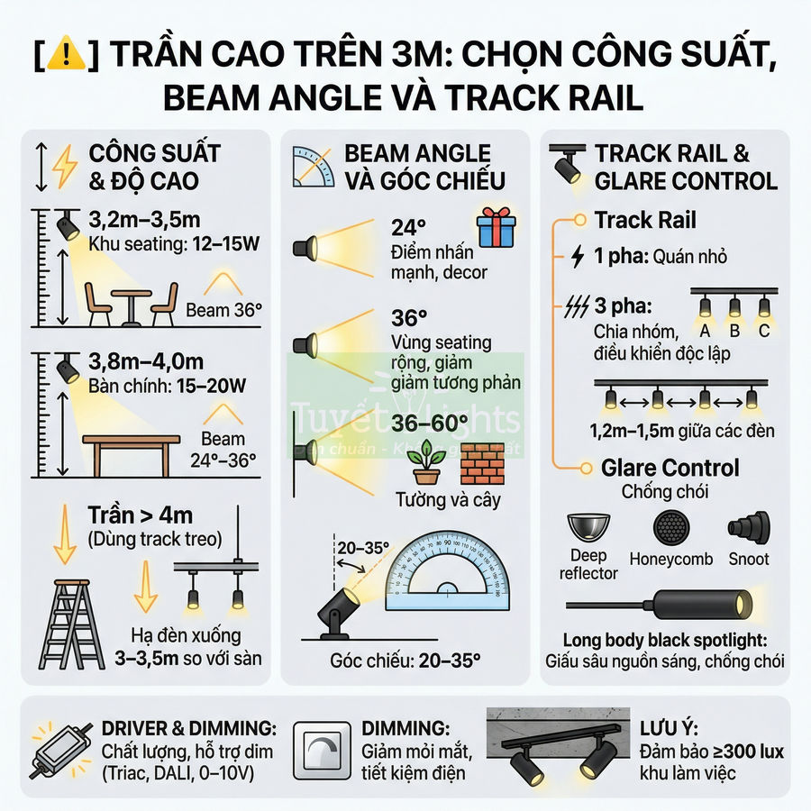 Hướng dẫn chọn đèn spotlight trần cao trên 3m với công suất, góc chiếu và track rail chống chói