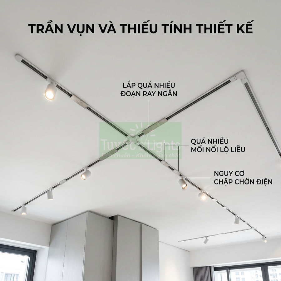 Hệ thống đèn rọi ray trần nhà lắp nhiều đoạn ray ngắn, mối nối lộ, thiếu thẩm mỹ và tiềm ẩn nguy cơ chập điện
