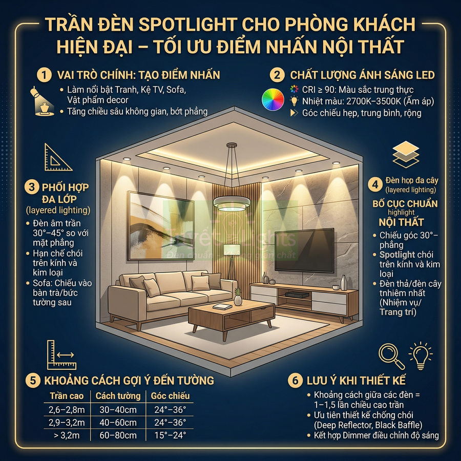 Trần phòng khách hiện đại với hệ thống đèn spotlight âm trần chiếu sáng sofa, kệ tivi và tranh trang trí