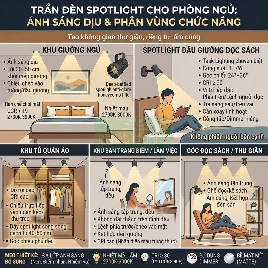 Hướng dẫn bố trí đèn spotlight trần cho phòng ngủ với các khu giường ngủ, tủ quần áo, bàn trang điểm và góc đọc sách