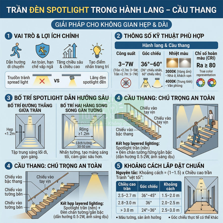 Hướng dẫn lắp đặt đèn spotlight trần cho hành lang và cầu thang trong không gian hẹp và dài