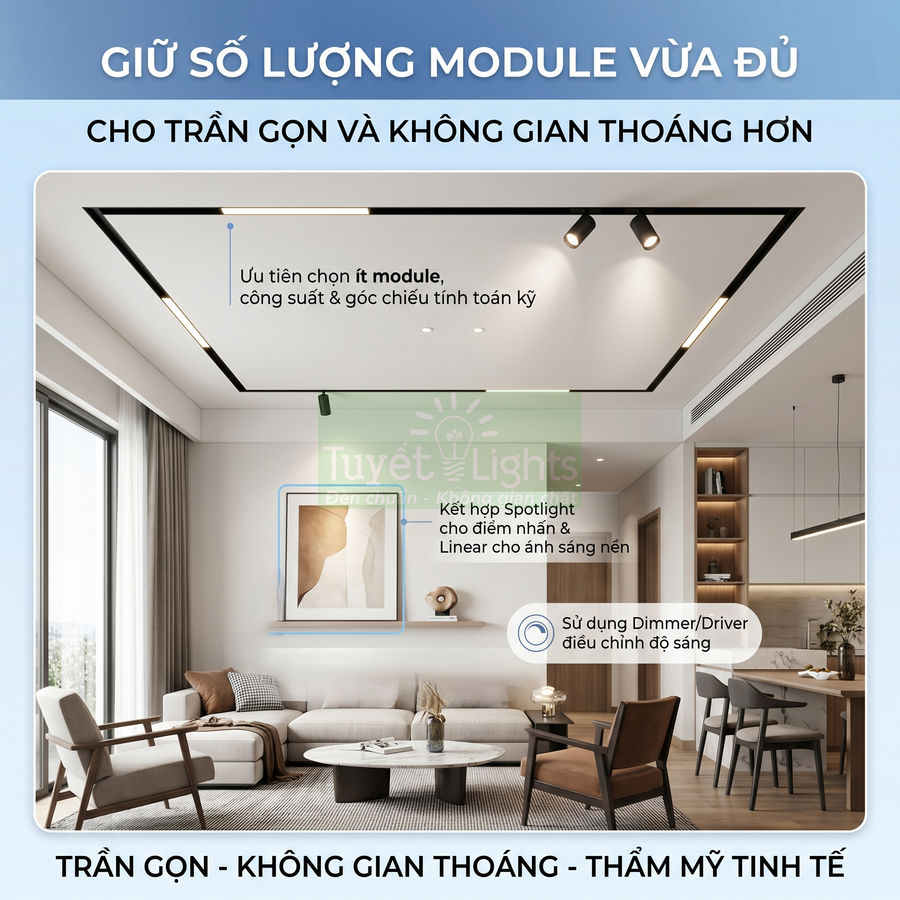 Phòng khách hiện đại sử dụng đèn âm trần và spotlight Tuyết Lights cho trần gọn và không gian thoáng