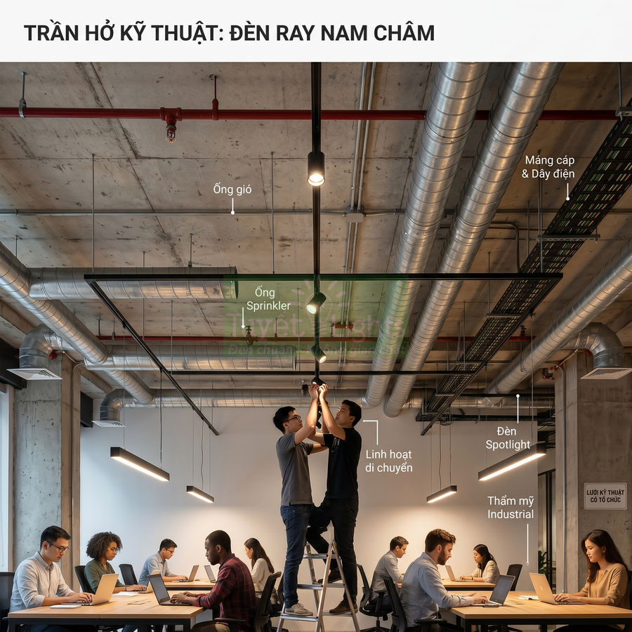 Đèn ray nam châm lắp trên trần hở kỹ thuật trong văn phòng làm việc hiện đại