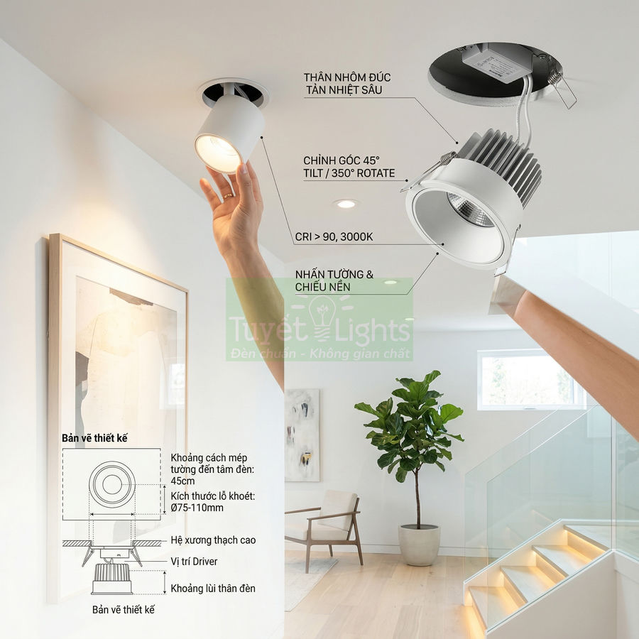Đèn downlight âm trần Tuyết Lights thân nhôm đúc, điều chỉnh góc chiếu cho phòng khách hiện đại