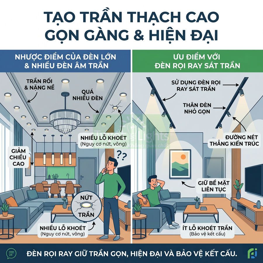 So sánh trần thạch cao dùng đèn âm trần với trần dùng đèn rọi ray sát trần trong phòng khách hiện đại